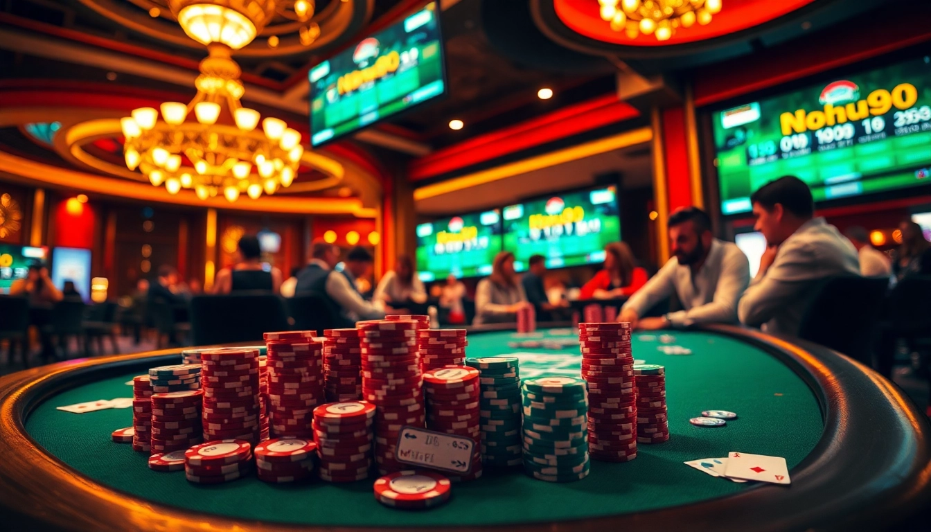 Players engaging in tense poker action at Nohu90 casino, surrounded by vibrant betting elements.